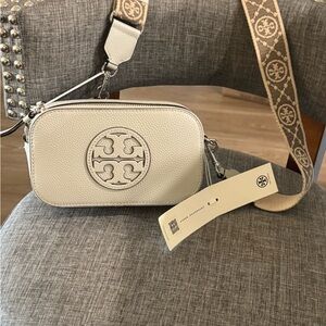 Tory Burch Cream Leather Logo Crossbody with Tan Logo Strap